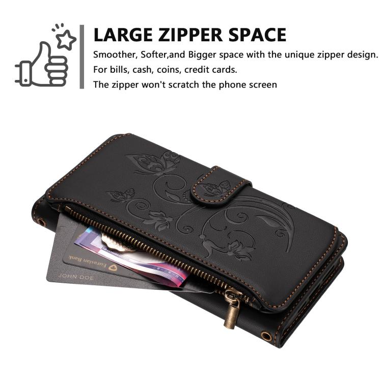 For iPhone 16 Pro Butterfly Love Flower Multi-card Zipper Wallet Leather Phone Case