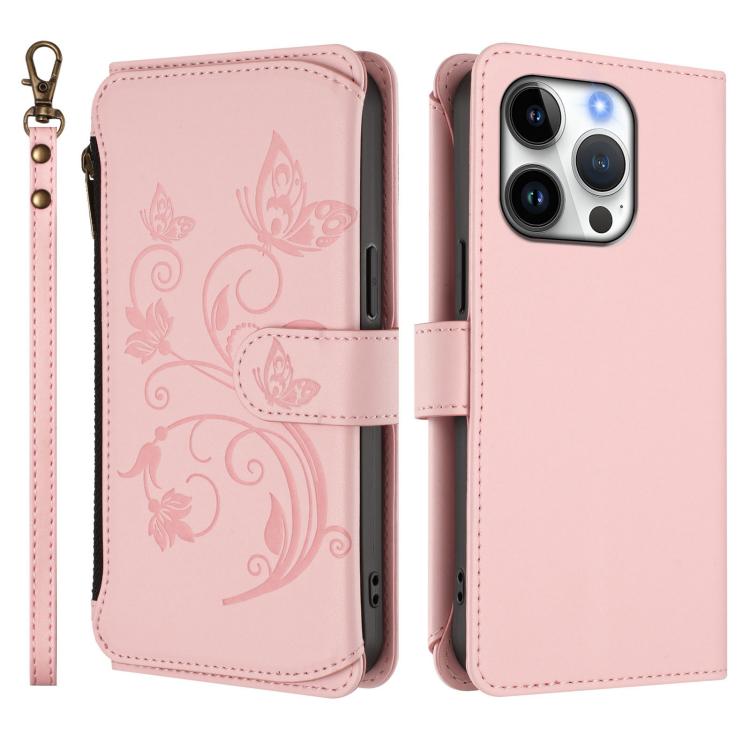 For iPhone 16 Pro Butterfly Love Flower Multi-card Zipper Wallet Leather Phone Case