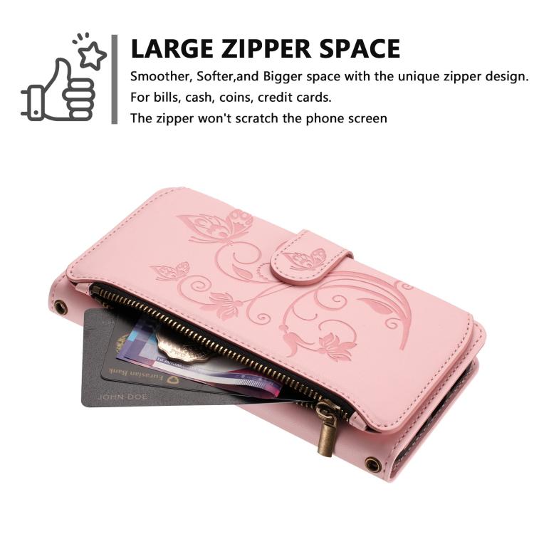 For iPhone 16 Pro Butterfly Love Flower Multi-card Zipper Wallet Leather Phone Case