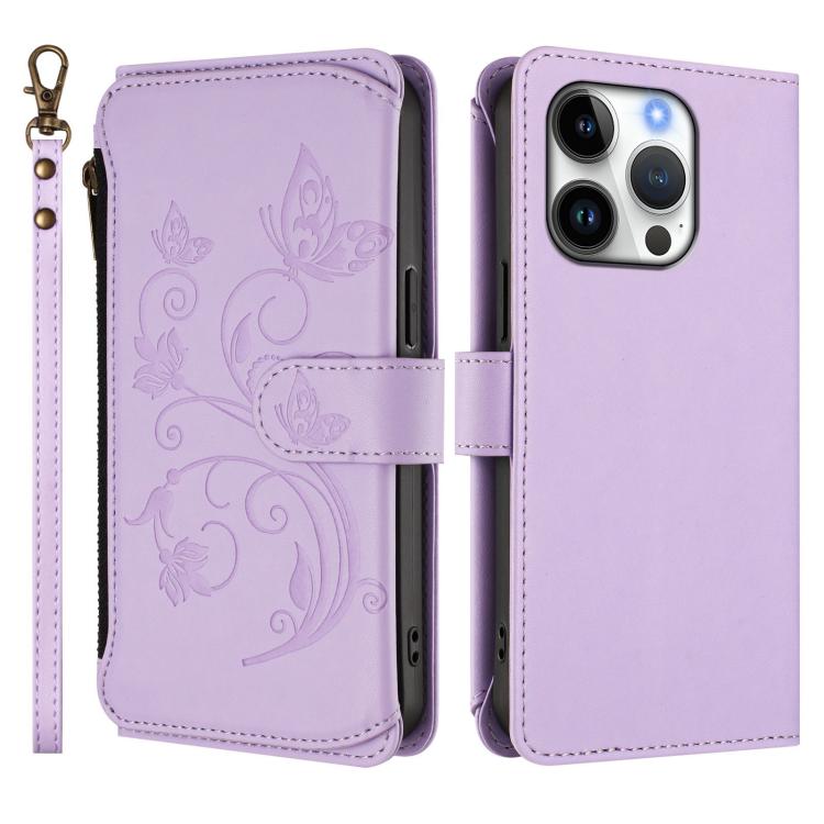 For iPhone 16 Pro Butterfly Love Flower Multi-card Zipper Wallet Leather Phone Case