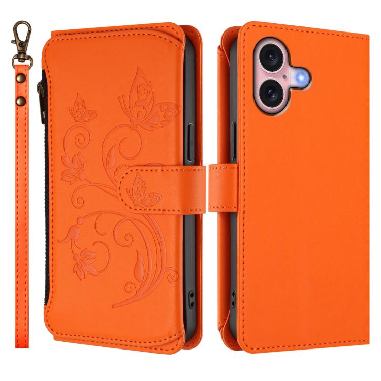 For iPhone 16 Plus Butterfly Love Flower Multi-card Zipper Wallet Leather Phone Case