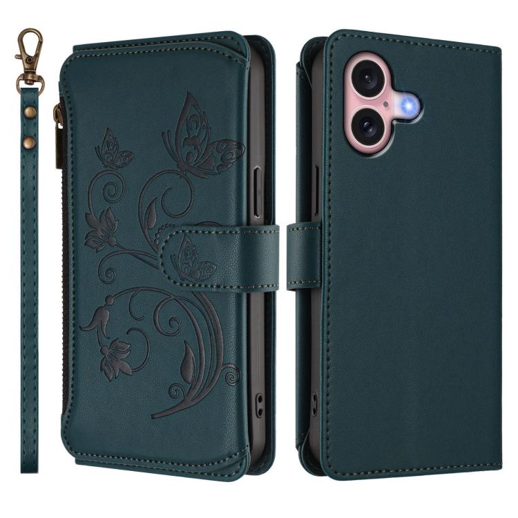 For iPhone 16 Plus Butterfly Love Flower Multi-card Zipper Wallet Leather Phone Case