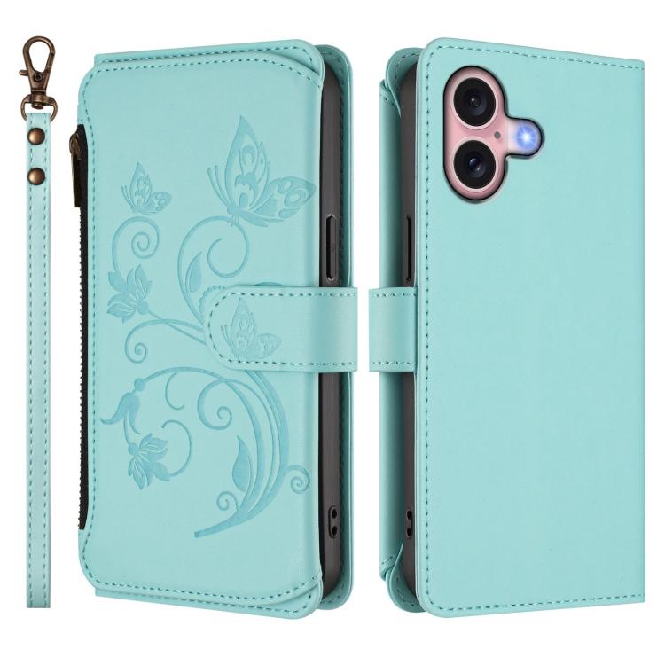 For iPhone 16 Plus Butterfly Love Flower Multi-card Zipper Wallet Leather Phone Case