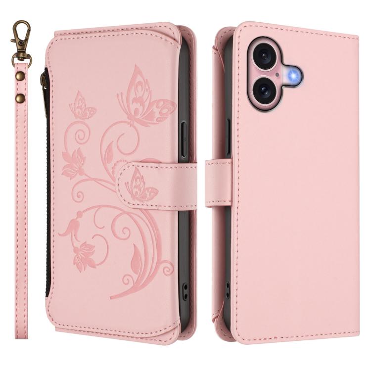 For iPhone 16 Plus Butterfly Love Flower Multi-card Zipper Wallet Leather Phone Case