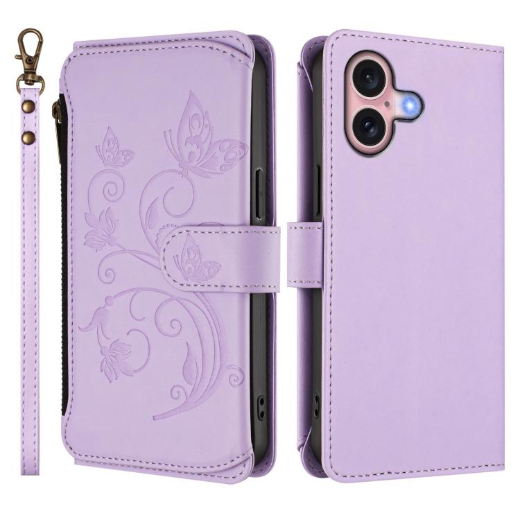 For iPhone 16 Plus Butterfly Love Flower Multi-card Zipper Wallet Leather Phone Case