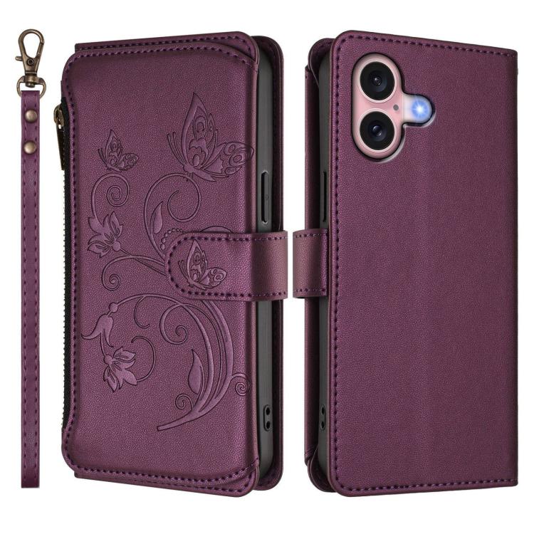 For iPhone 16 Butterfly Love Flower Multi-card Zipper Wallet Leather Phone Case