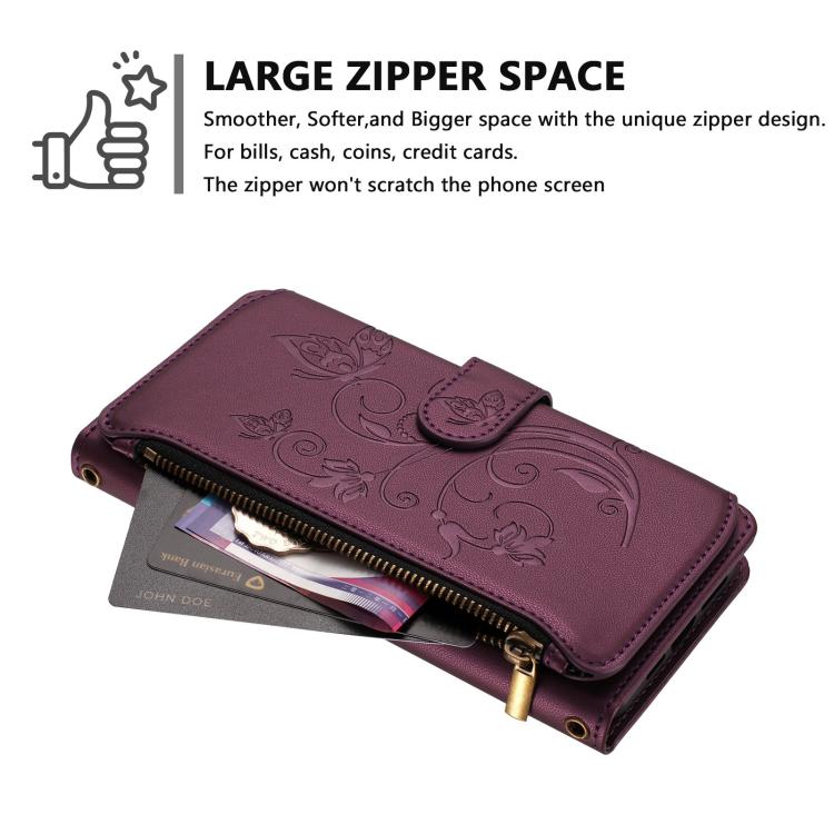 For iPhone 16 Butterfly Love Flower Multi-card Zipper Wallet Leather Phone Case