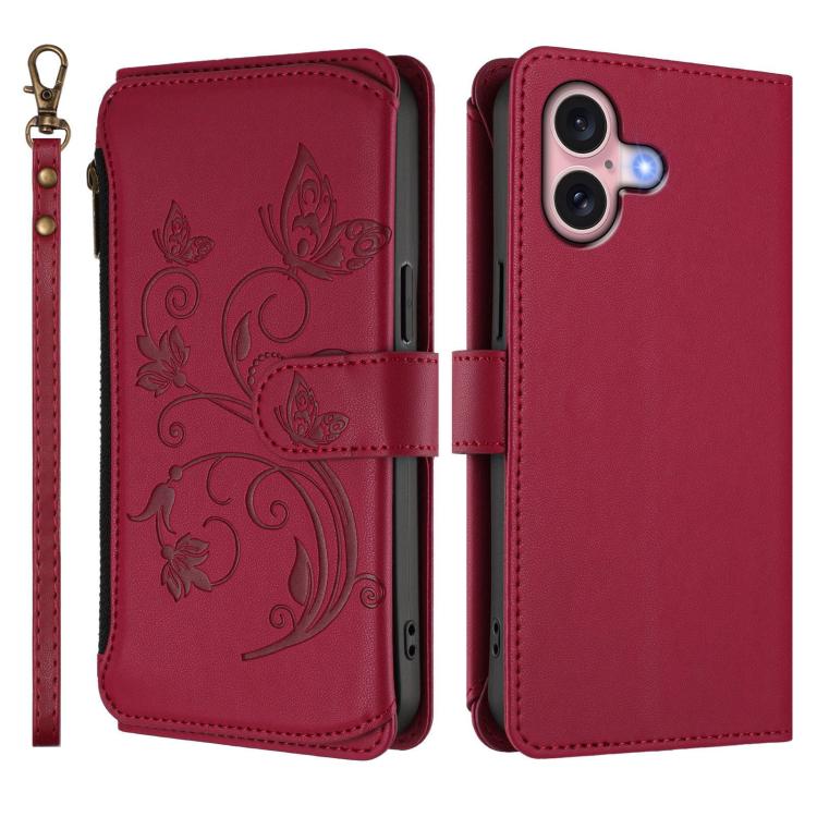For iPhone 16 Butterfly Love Flower Multi-card Zipper Wallet Leather Phone Case