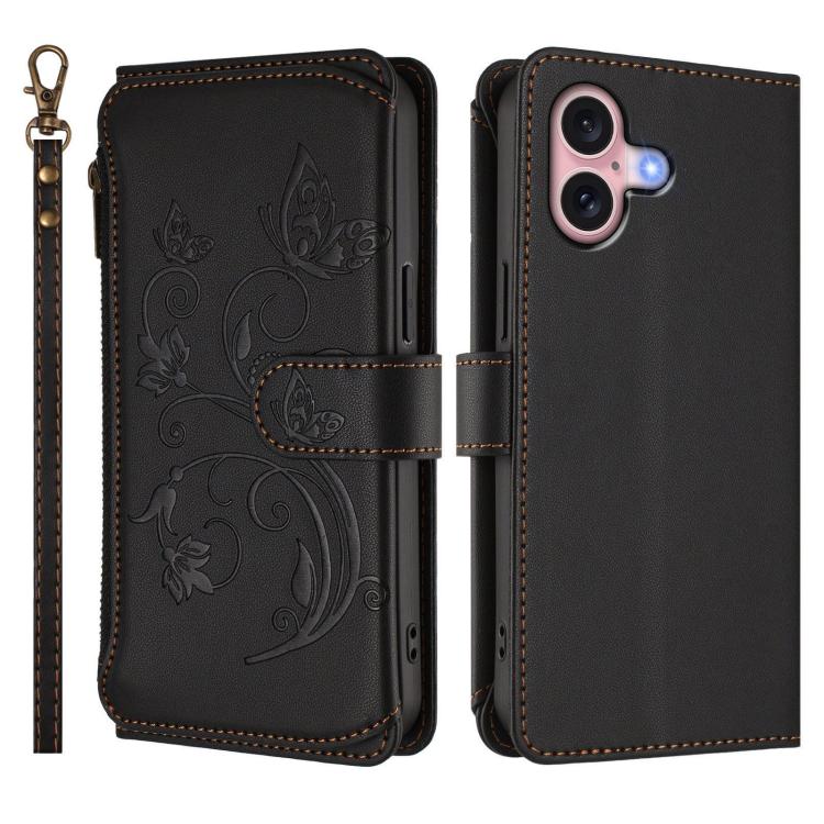 For iPhone 16 Butterfly Love Flower Multi-card Zipper Wallet Leather Phone Case