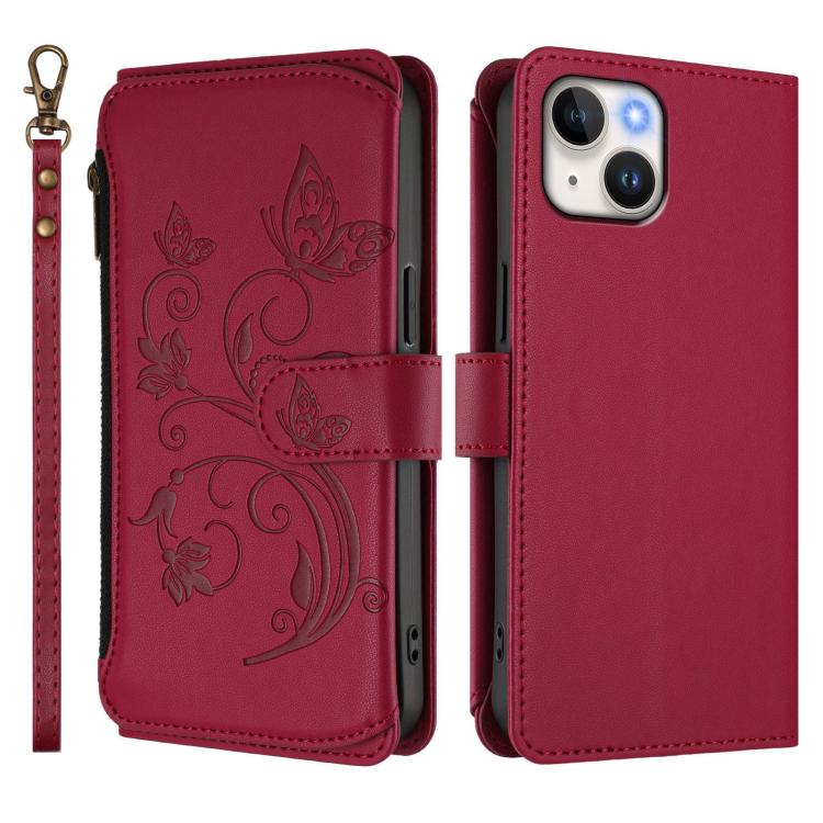 For iPhone 15 Butterfly Love Flower Multi-card Zipper Wallet Leather Phone Case