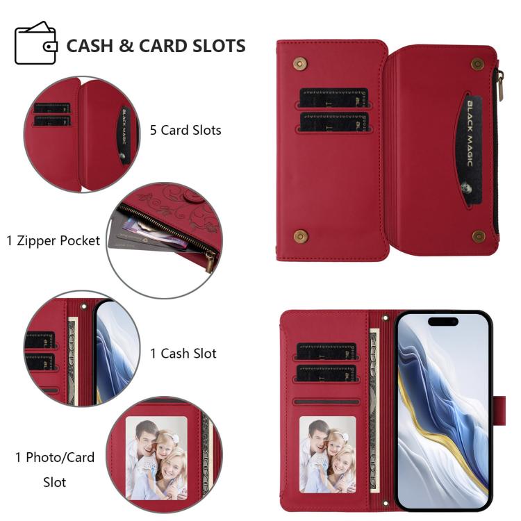 For iPhone 15 Butterfly Love Flower Multi-card Zipper Wallet Leather Phone Case
