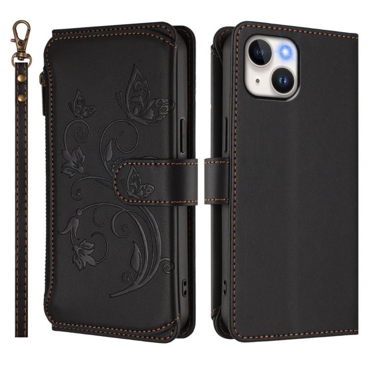 For iPhone 15 Butterfly Love Flower Multi-card Zipper Wallet Leather Phone Case