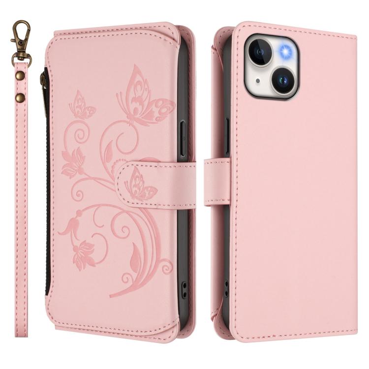 For iPhone 15 Butterfly Love Flower Multi-card Zipper Wallet Leather Phone Case