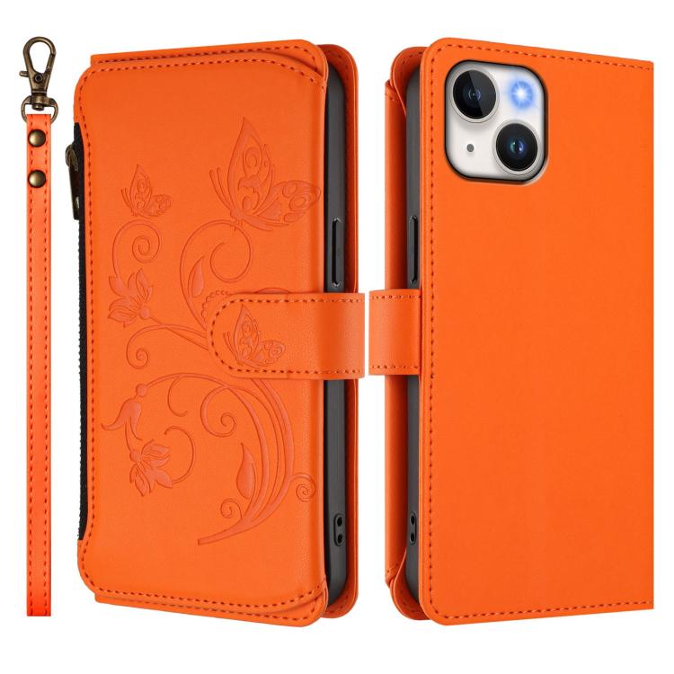 For iPhone 14 Plus Butterfly Love Flower Multi-card Zipper Wallet Leather Phone Case