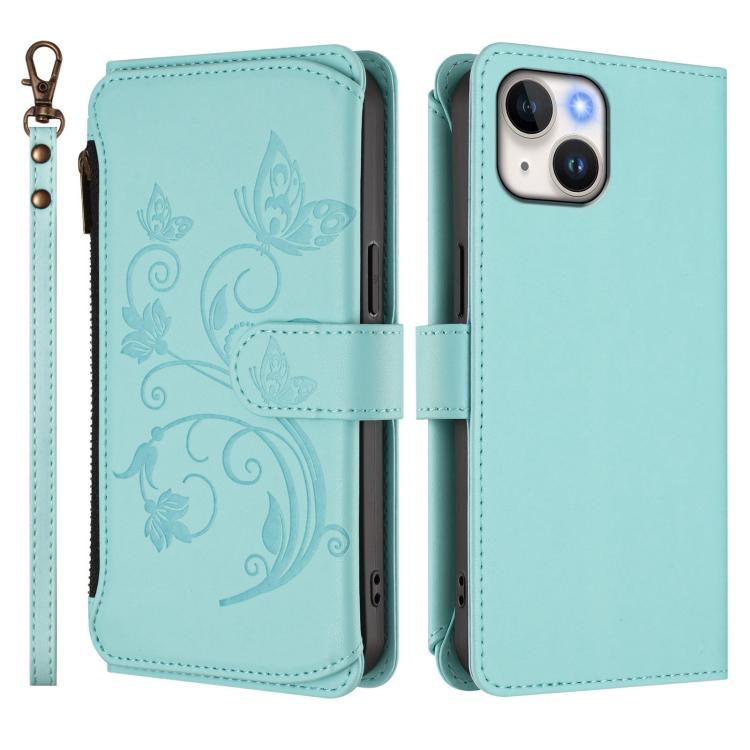 For iPhone 14 Plus Butterfly Love Flower Multi-card Zipper Wallet Leather Phone Case