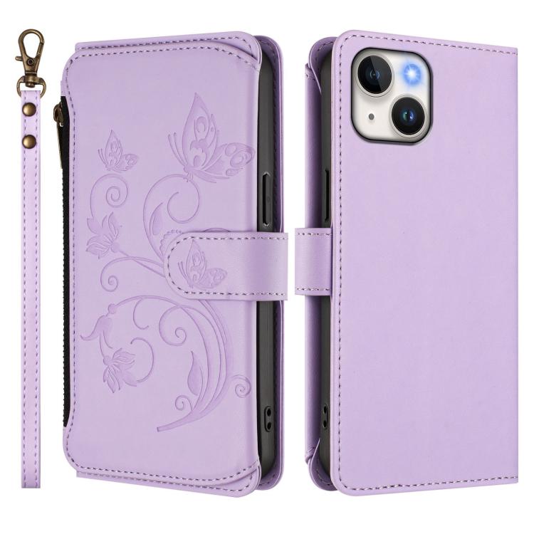 For iPhone 14 Plus Butterfly Love Flower Multi-card Zipper Wallet Leather Phone Case