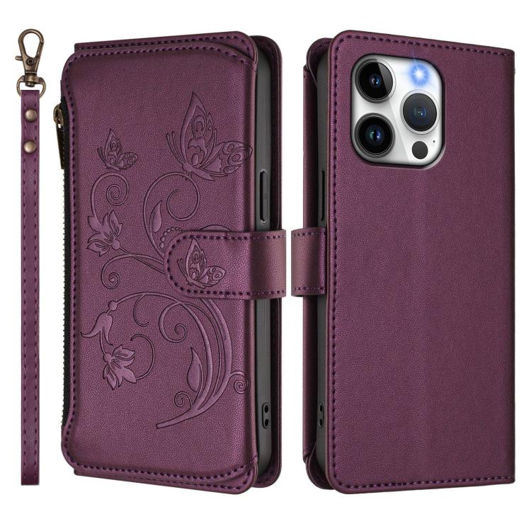 For iPhone 14 Pro Butterfly Love Flower Multi-card Zipper Wallet Leather Phone Case
