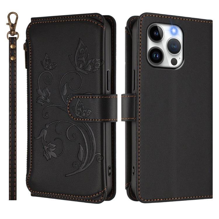 For iPhone 14 Pro Max Butterfly Love Flower Multi-card Zipper Wallet Leather Phone Case