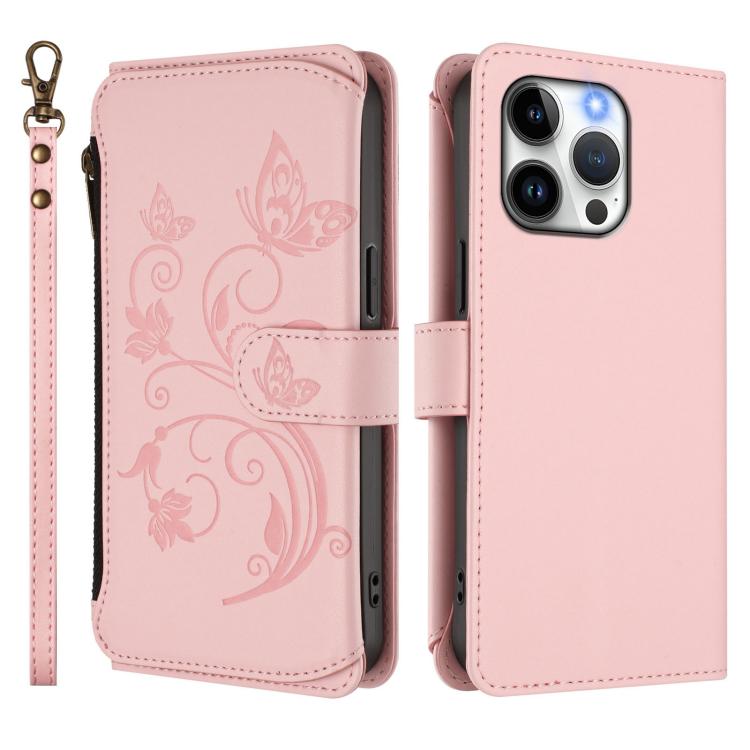 For iPhone 14 Pro Max Butterfly Love Flower Multi-card Zipper Wallet Leather Phone Case