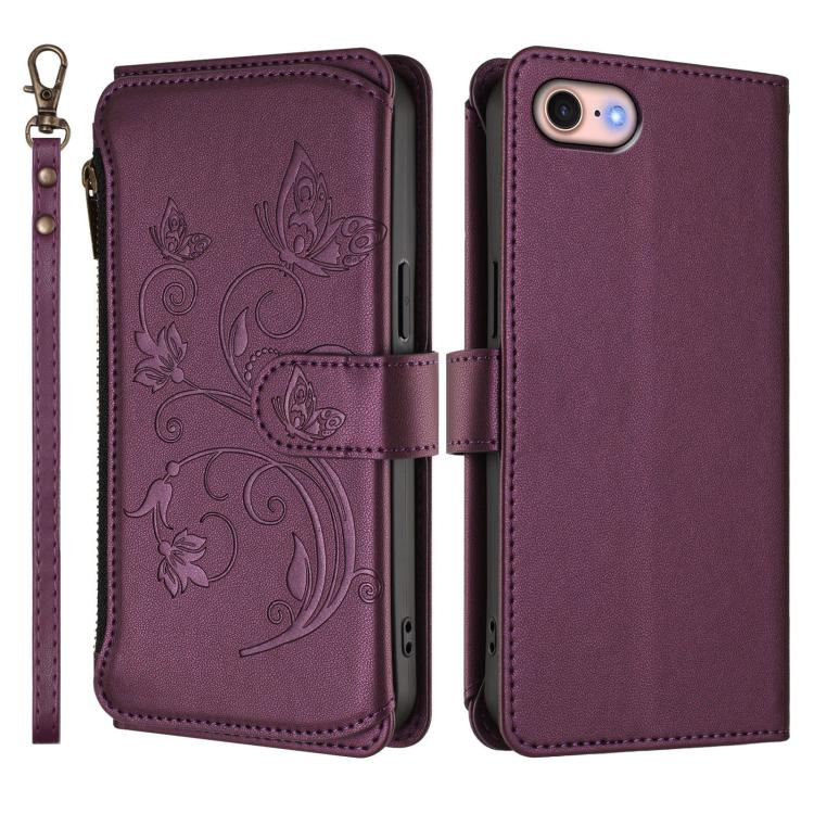 For iPhone 7 / 8 / SE 2022 Butterfly Love Flower Multi-card Zipper Wallet Leather Phone Case