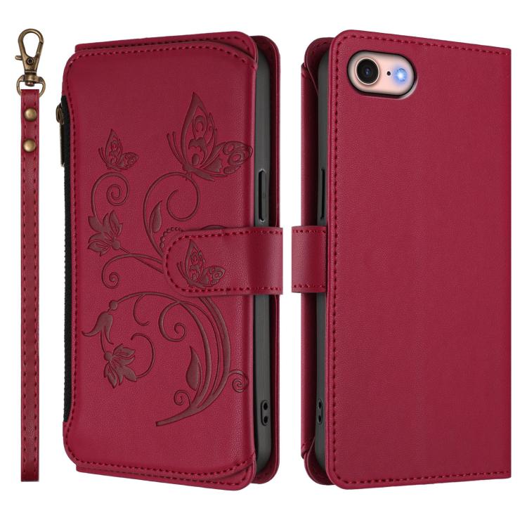 For iPhone 7 / 8 / SE 2022 Butterfly Love Flower Multi-card Zipper Wallet Leather Phone Case