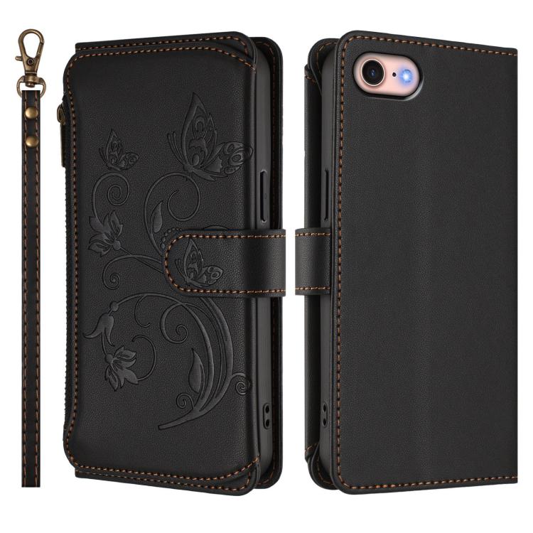 For iPhone 7 / 8 / SE 2022 Butterfly Love Flower Multi-card Zipper Wallet Leather Phone Case