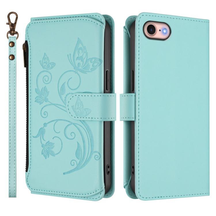 For iPhone 7 / 8 / SE 2022 Butterfly Love Flower Multi-card Zipper Wallet Leather Phone Case