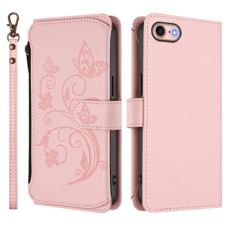 For iPhone 7 / 8 / SE 2022 Butterfly Love Flower Multi-card Zipper Wallet Leather Phone Case