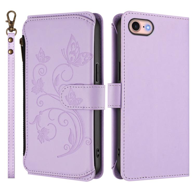 For iPhone 7 / 8 / SE 2022 Butterfly Love Flower Multi-card Zipper Wallet Leather Phone Case
