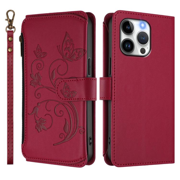 For iPhone 13 Pro Max Butterfly Love Flower Multi-card Zipper Wallet Leather Phone Case