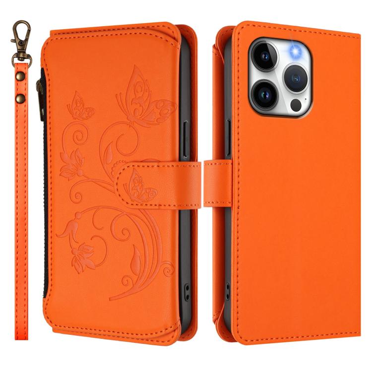 For iPhone 13 Pro Max Butterfly Love Flower Multi-card Zipper Wallet Leather Phone Case
