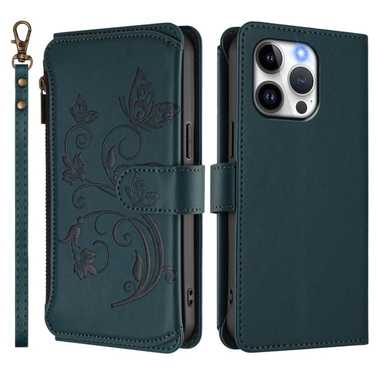 For iPhone 13 Pro Max Butterfly Love Flower Multi-card Zipper Wallet Leather Phone Case