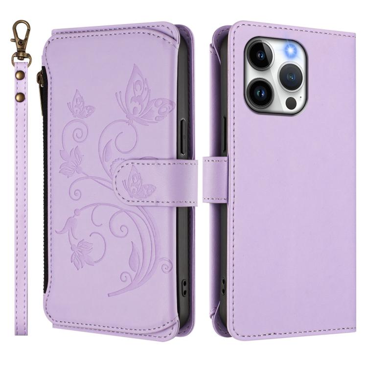 For iPhone 13 Pro Max Butterfly Love Flower Multi-card Zipper Wallet Leather Phone Case