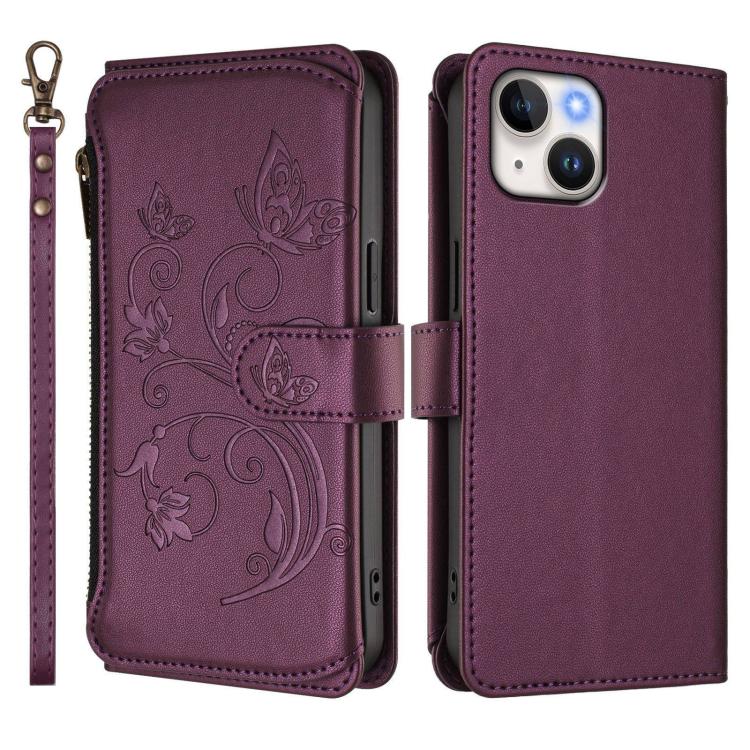 For iPhone 13 mini Butterfly Love Flower Multi-card Zipper Wallet Leather Phone Case
