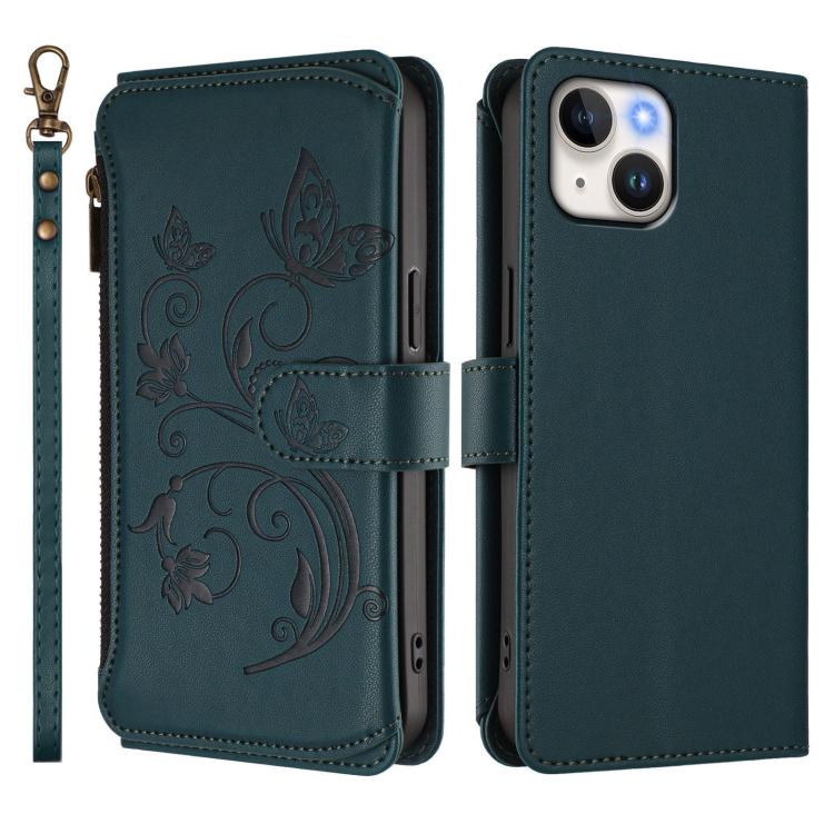 For iPhone 13 mini Butterfly Love Flower Multi-card Zipper Wallet Leather Phone Case