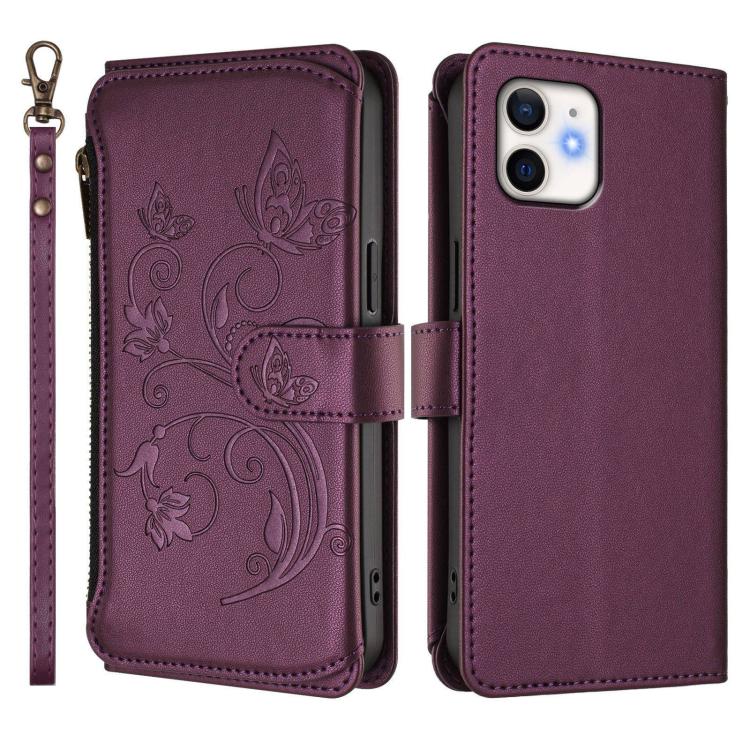 For iPhone 12 / 12 Pro Butterfly Love Flower Multi-card Zipper Wallet Leather Phone Case