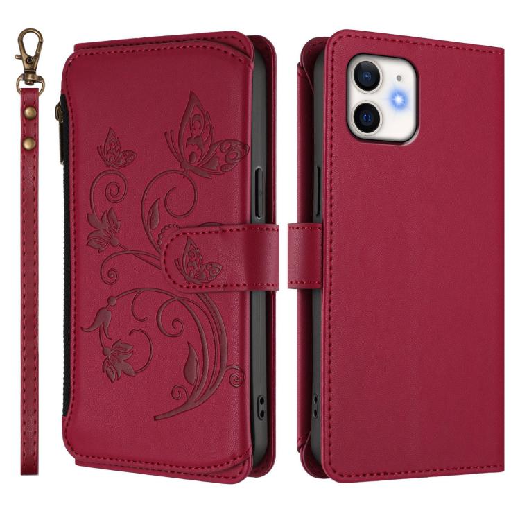 For iPhone 12 / 12 Pro Butterfly Love Flower Multi-card Zipper Wallet Leather Phone Case
