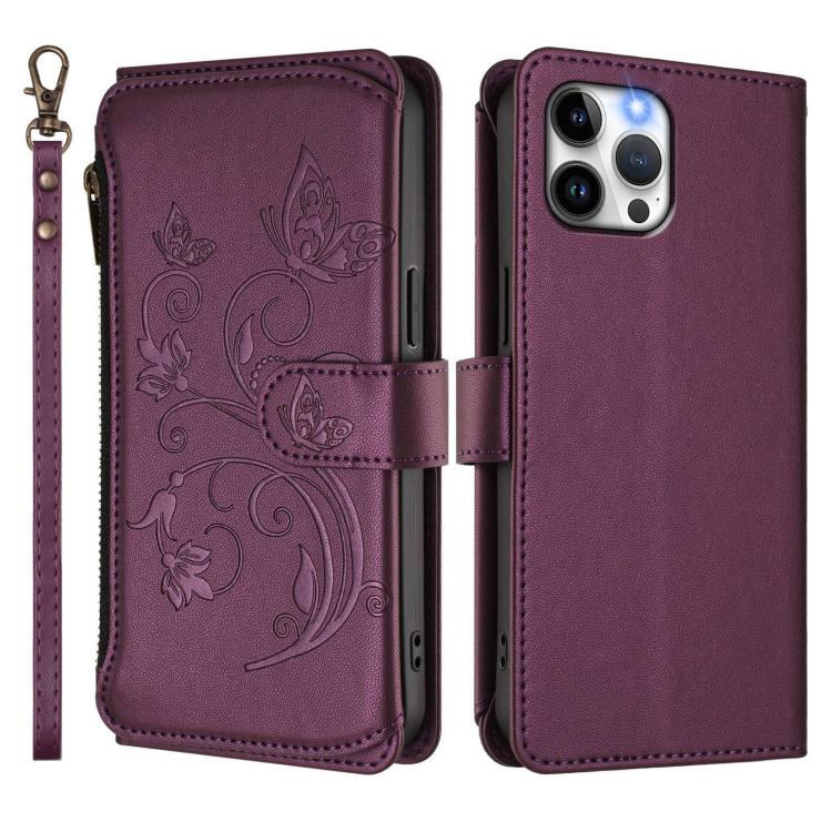 For iPhone 12 Pro Max Butterfly Love Flower Multi-card Zipper Wallet Leather Phone Case
