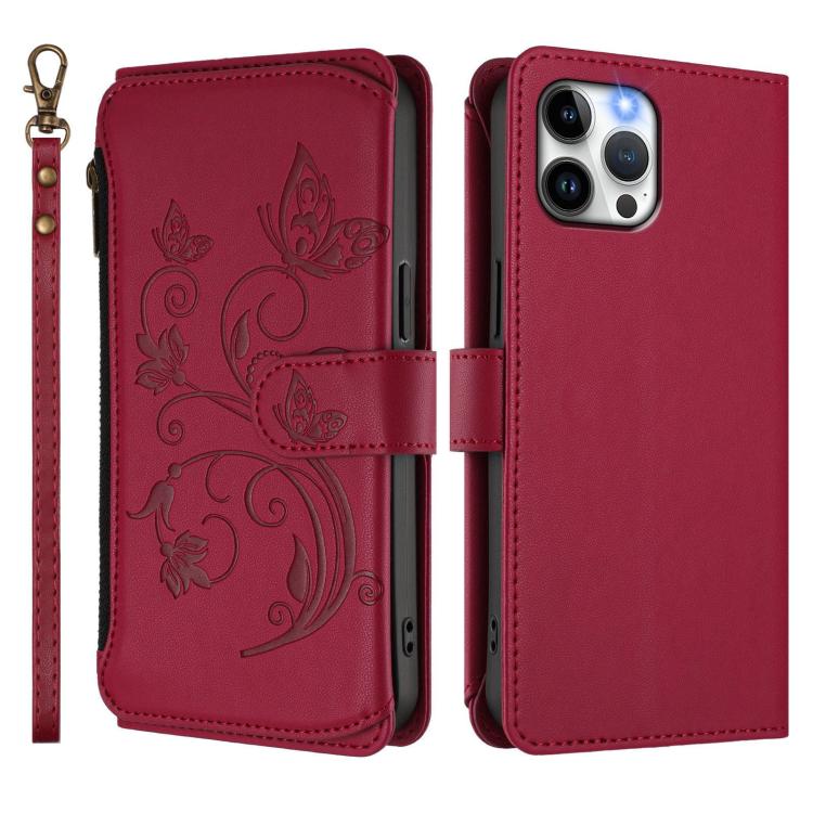For iPhone 12 Pro Max Butterfly Love Flower Multi-card Zipper Wallet Leather Phone Case