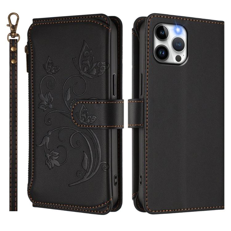 For iPhone 12 Pro Max Butterfly Love Flower Multi-card Zipper Wallet Leather Phone Case
