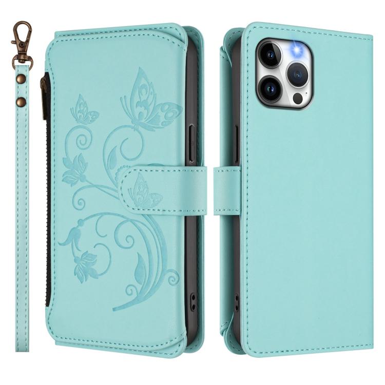 For iPhone 12 Pro Max Butterfly Love Flower Multi-card Zipper Wallet Leather Phone Case