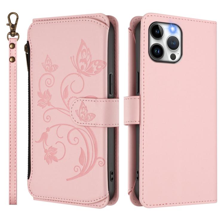 For iPhone 12 Pro Max Butterfly Love Flower Multi-card Zipper Wallet Leather Phone Case