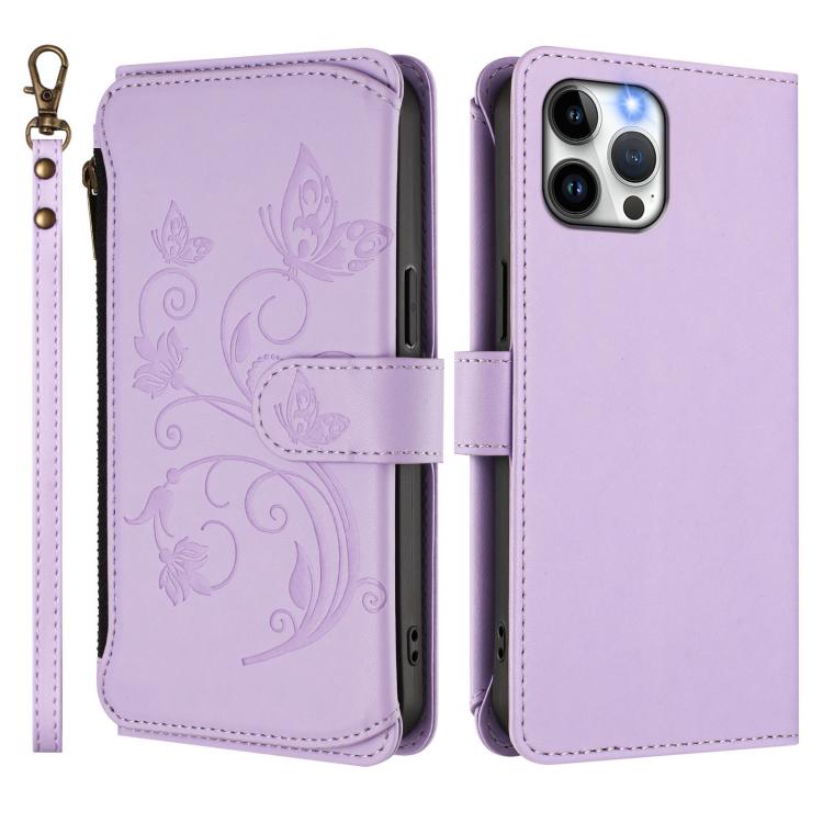 For iPhone 12 Pro Max Butterfly Love Flower Multi-card Zipper Wallet Leather Phone Case