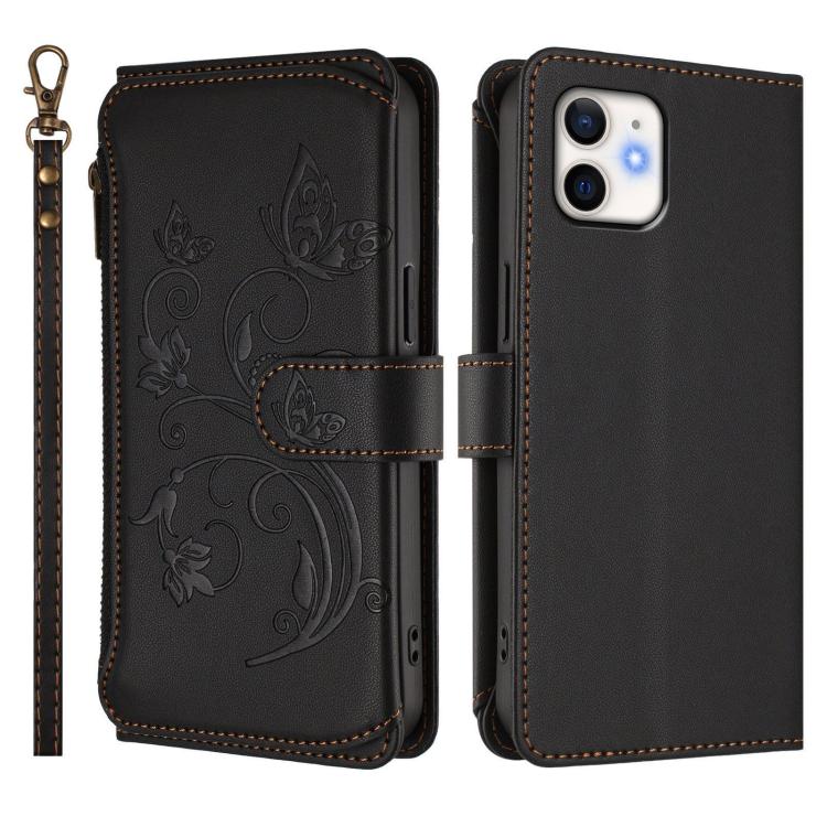 For iPhone 12 mini Butterfly Love Flower Multi-card Zipper Wallet Leather Phone Case