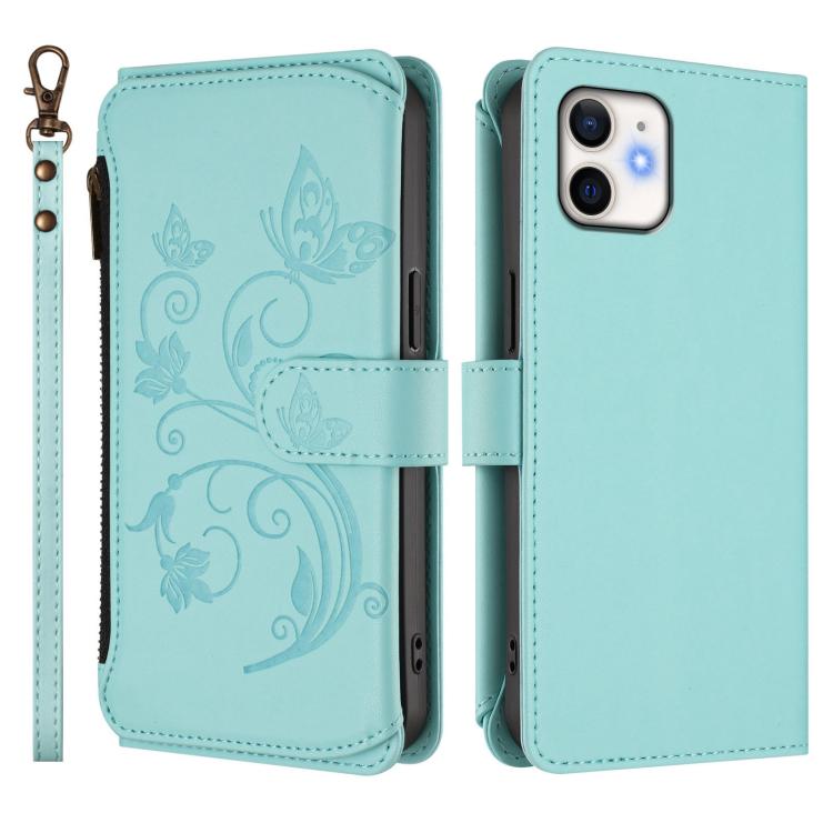 For iPhone 12 mini Butterfly Love Flower Multi-card Zipper Wallet Leather Phone Case