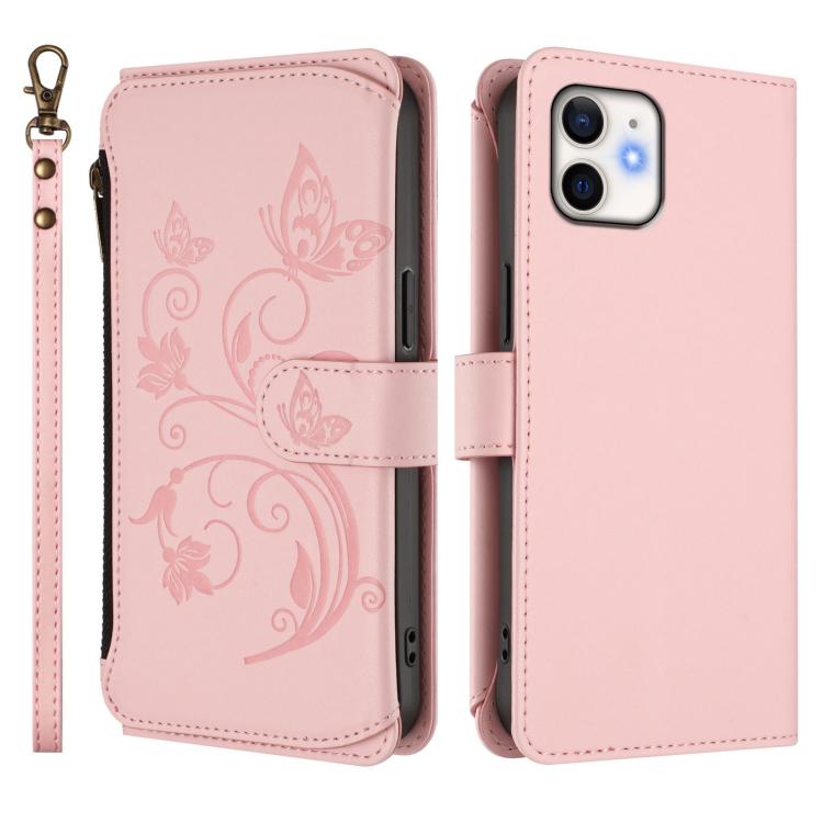 For iPhone 12 mini Butterfly Love Flower Multi-card Zipper Wallet Leather Phone Case