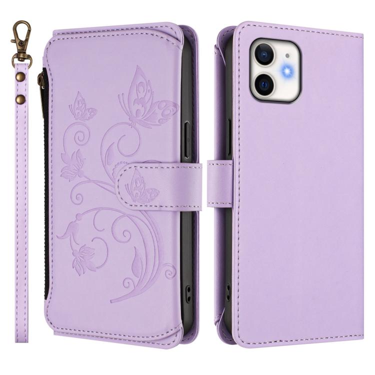 For iPhone 12 mini Butterfly Love Flower Multi-card Zipper Wallet Leather Phone Case