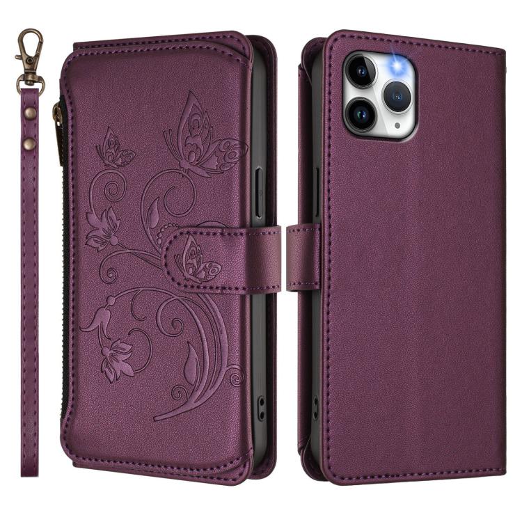 For iPhone 11 Pro Max Butterfly Love Flower Multi-card Zipper Wallet Leather Phone Case