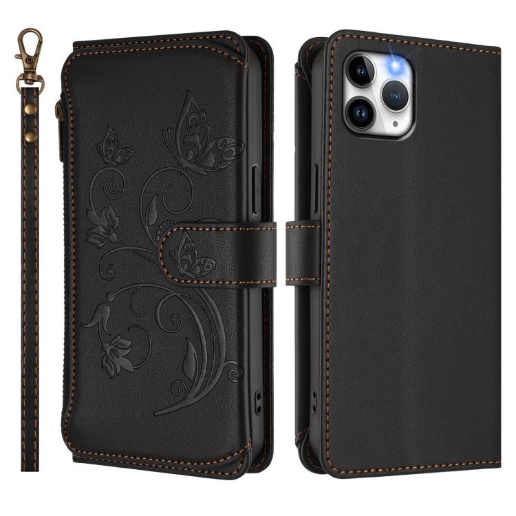 For iPhone 11 Pro Max Butterfly Love Flower Multi-card Zipper Wallet Leather Phone Case