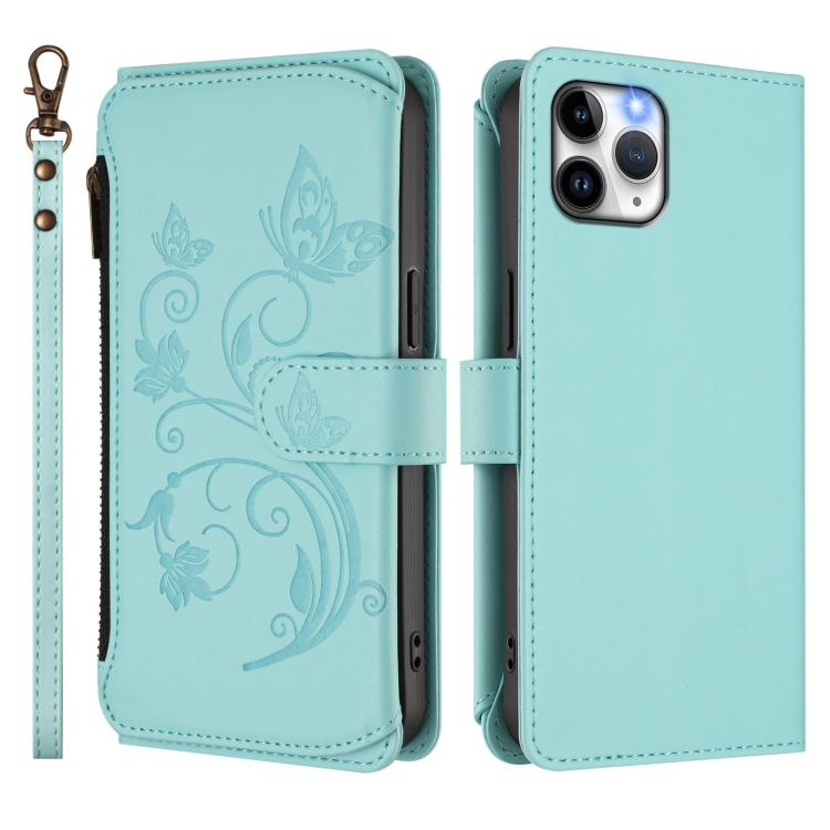 For iPhone 11 Pro Max Butterfly Love Flower Multi-card Zipper Wallet Leather Phone Case